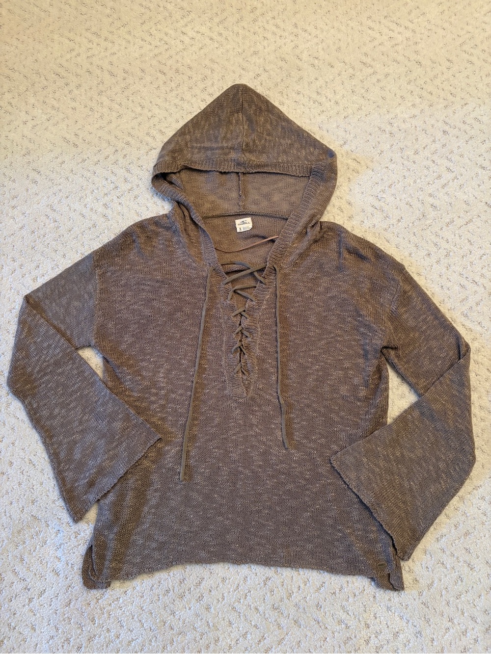 ONeill Lightweight Pullover Hooded Sweater Size S Taupe Lace Up Neckline Surfer